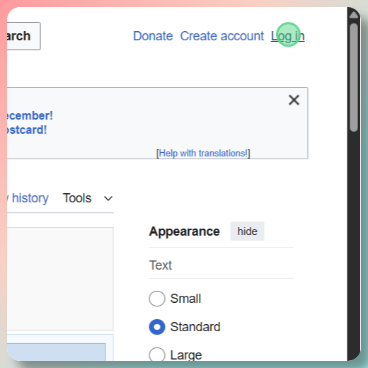Screenshot showing how to click the Log in link on Wikipedia - located in the top right corner of the page